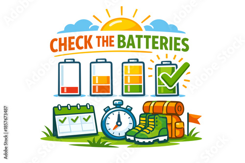 Check the batteries: energy icon set with full, half, empty levels and camping gear illustrations