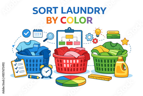 Color-coded laundry sorting guide with baskets and cleaning supplies