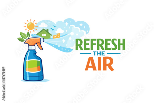 Air freshener spray with house and nature illustrations for clean environment