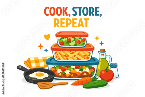 Colorful food storage: fresh ingredients and tasty meals in containers