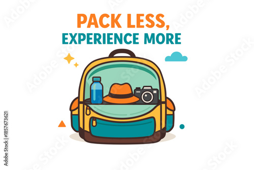 Minimalist travel: backpack essentials with hat, camera, and water bottle on white background