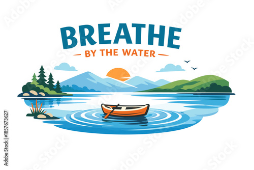 Tranquil lake scene with sunrise, boat, mountains, and trees