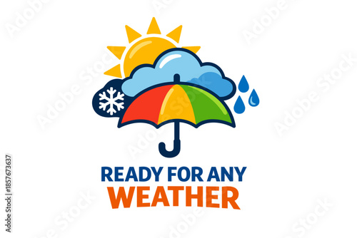 Colorful umbrella with weather icons: sun, cloud, snowflake, raindrops