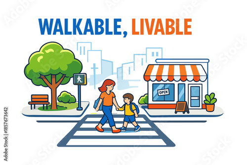 Mother and child crossing street in a walkable city environment