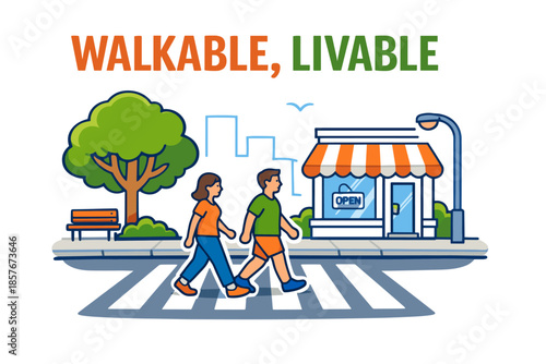 Walkable livable urban scene with male and female figures crossing street