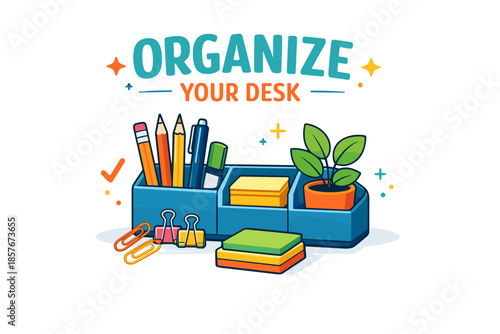 Organize your desk: stay tidy with pens, notes, clips, and plant in desk organizer