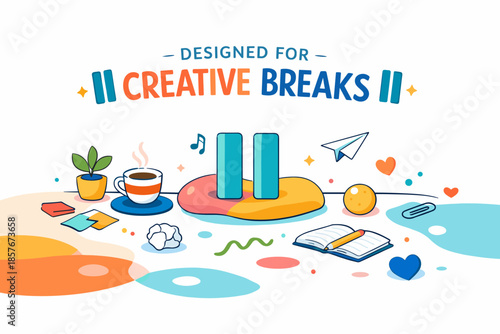 Creative workspace with pause button symbol and office supplies