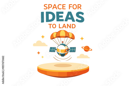 Creative spacecraft parachuting to success on landing platform with planets and stars