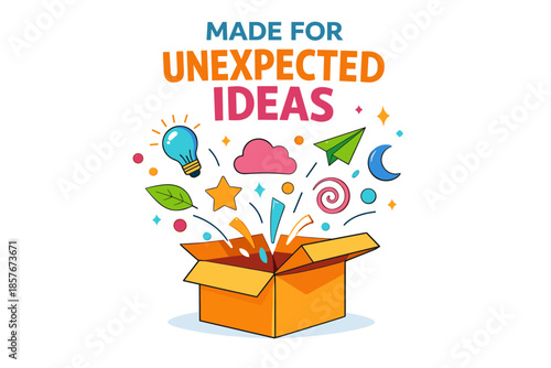 Colorful creativity unleashed from box with symbols and ideas