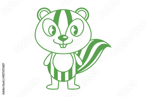 Green skunk cartoon is standing with a striped body and bushy tail on white