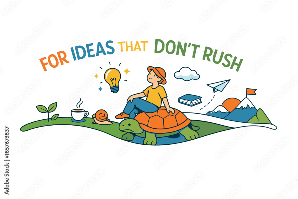 Fototapeta premium Young adult sitting on turtle with light bulb, paper plane, and nature elements