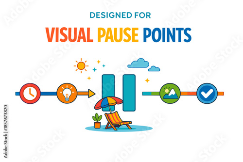 Concept of visual pause points with colorful icons and beach chair illustration