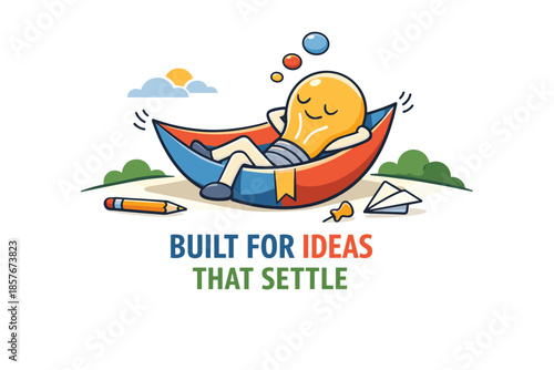 Relaxed light bulb character lounging in a hammock with pencil and paper airplane