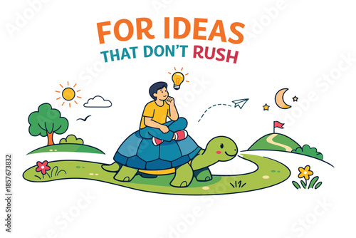 Thoughtful journey: young boy on turtle under sun and moon for creative inspiration