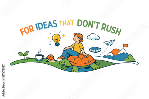 Young adult sitting on turtle with light bulb, paper plane, and nature elements