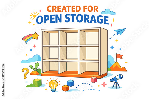 Colorful cartoon open storage shelves with playful elements and inspirational text