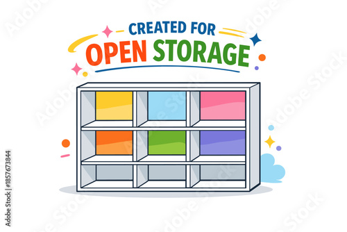 Colorful open storage shelving units with nine compartments