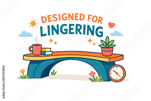 Designed for lingering: cozy bench with coffee, books, and plant on a sunny day