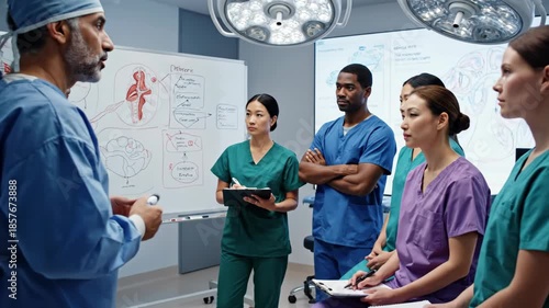 Medical Team Discussing Surgical Procedures in a Modern Operating Room.