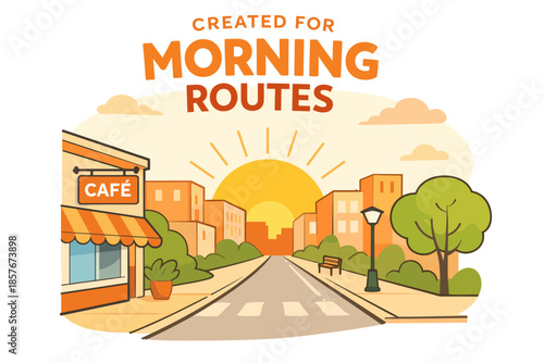 Urban morning scene with rising sun and street café