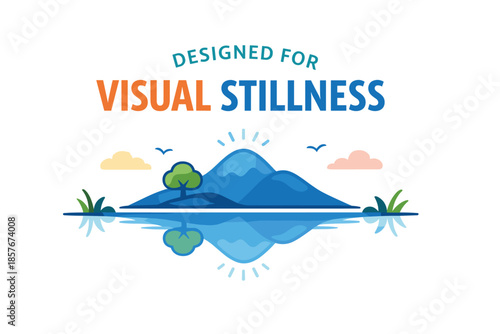 Serene landscape design with mountains, trees, and lake reflection