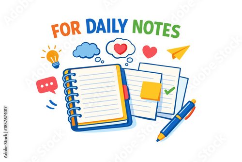 Colorful stationery set with spiral notebook, paper, pen, icons for daily notes