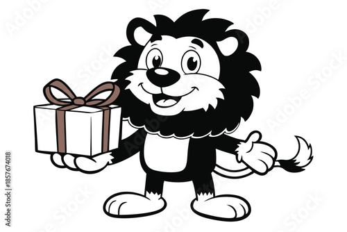 Cartoon lion cheerfully presents a beautifully wrapped gift box in its gloved hand
