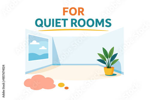 Minimalist room with large window, blue skies, and green plant in yellow pot