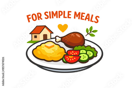 Cartoon meal illustration with chicken, mashed potatoes, and vegetables