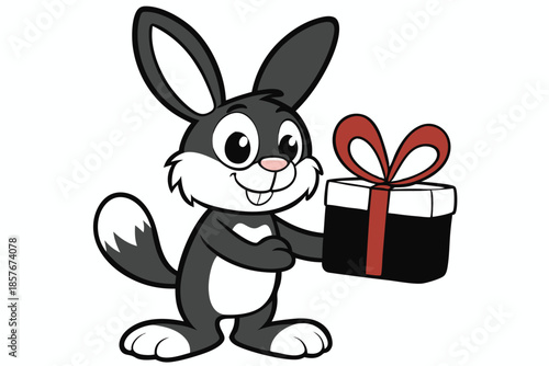 Joyful grey cartoon bunny happily presents a colorful gift box with a bow