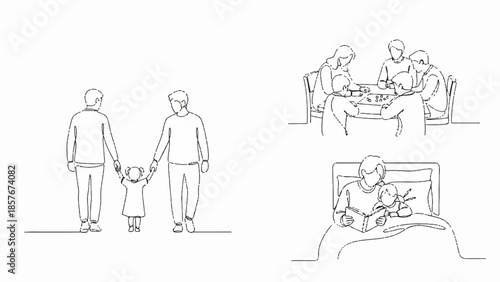 A family scene depicting parents with their child in various daily activities and moments