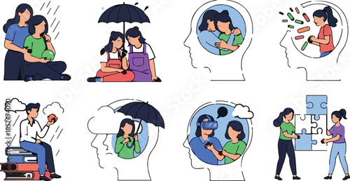 Set of Mental Health and Psychological Support Flat Vector Illustrations