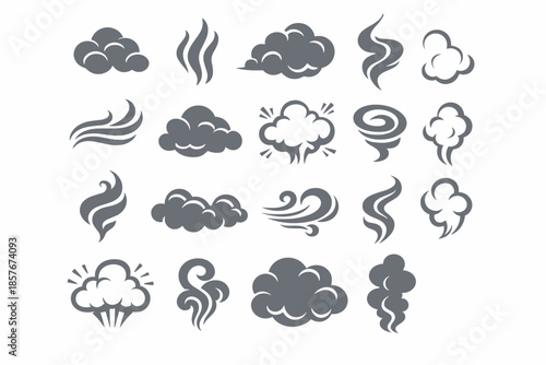 Collection of abstract cloud and wind icons in gray tones