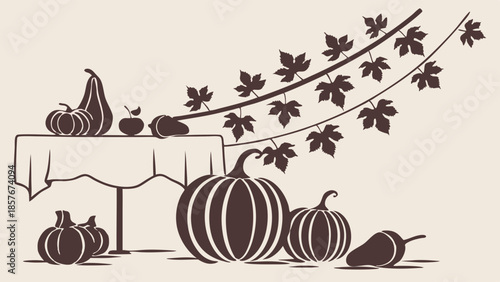 Seasonal Fall Harvest Pumpkins Table Display Silhouette Rustic Vintage Illustration for Thanksgiving Marketing Design