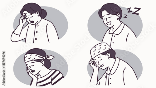 Set of Icons Showing People Suffering from Sleep Deprivation Fatigue Drowsiness Headache and Illness Symptoms