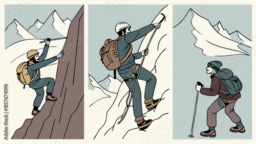 Alpinism Adventure Illustration Mountaineers Climbing Icy Rock Face Trekking Extreme Outdoor Sports Challenge and Goal Setting Journey