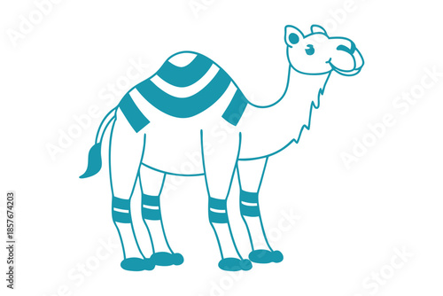 A cartoon camel stands with blue stripes on its hump and legs