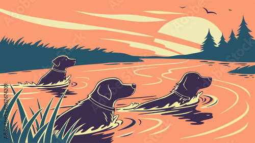 Vintage Graphic Illustration of Three Labrador Retrievers Swimming at Sunset Outdoor Hunting Adventure and Dog Loyalty Design Art