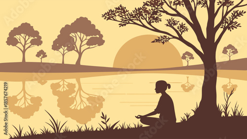 Peaceful Zen Meditation Silhouette Woman Practicing Yoga by Water at Sunset Tranquil Nature Wellness and Mindful Relaxation Background