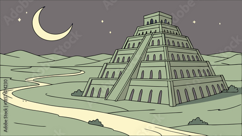 Ancient Mesopotamian Ziggurat Stepped Pyramid Illustration Historical Temple Architecture Night Scene with Crescent Moon and Stars