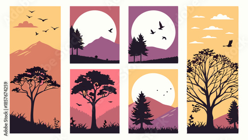 Serene Nature Silhouettes Vector Poster Set Minimalist Sunset Landscape Backgrounds for Web Design and Print