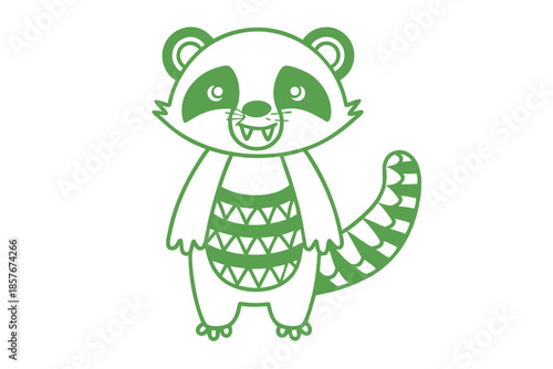 Green raccoon outline with striped tail and geometric patterned belly shows teeth happily