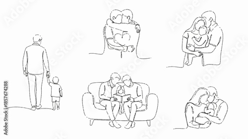 Family members bonding on a couch and embracing each other in various tender moments at home.