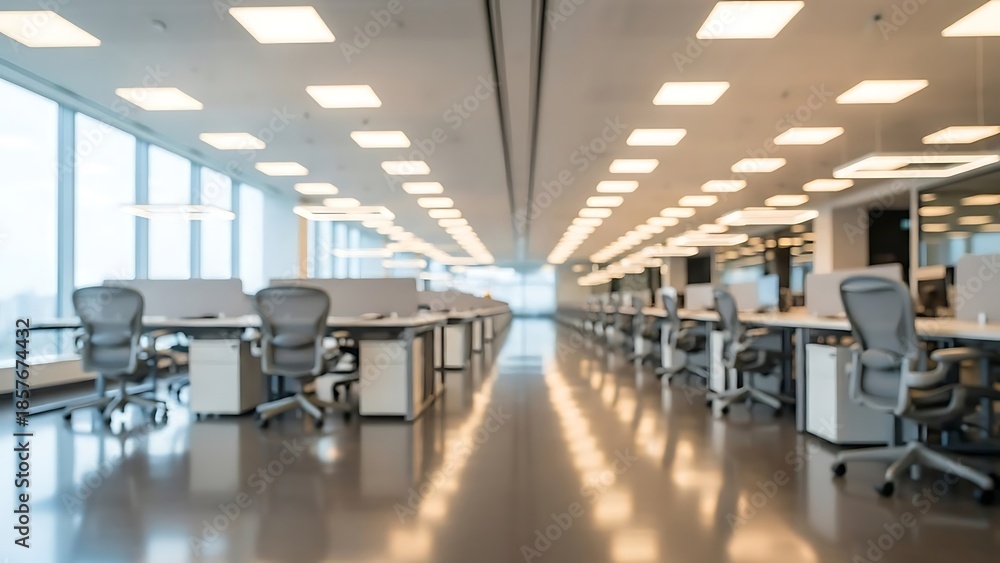 Fototapeta premium Modern office space with rows of workstations and natural light
