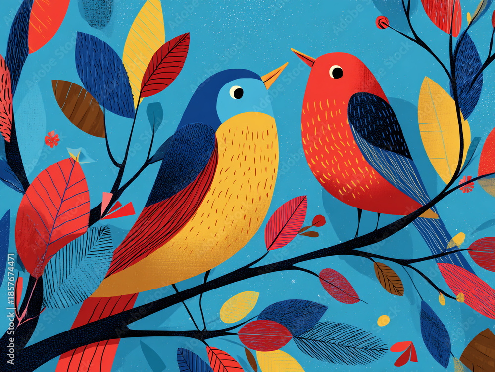 Fototapeta premium Vibrant mid-century modern illustration featuring various colorful, geometric birds perched on textured tree branches against a neutral, abstract background.