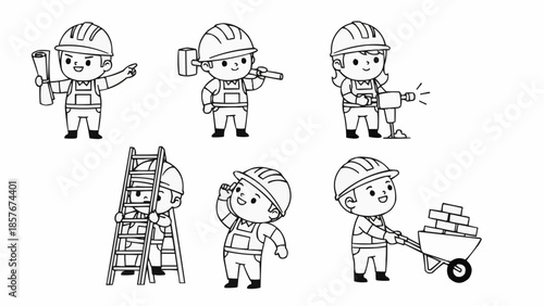Cartoon Construction Workers in Various Poses Outline Illustration.