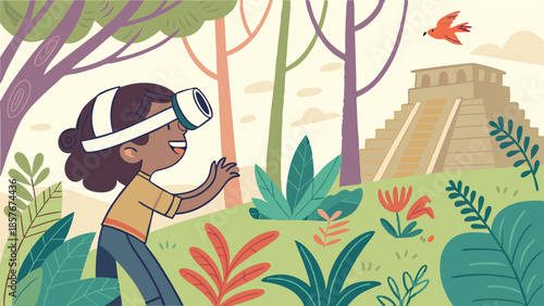 Young Girl Exploring History with VR Headset Immersive Education Technology Future of Learning and Digital Travel Illustration