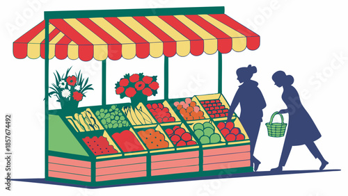 Fresh Produce Market Stand Illustration Women Shopping For Organic Fruits And Vegetables Local Retail Commerce Vector Graphic