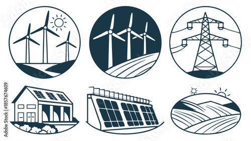 Sustainable Renewable Energy Icons Set Wind Power Solar Panels Electricity Grid Infrastructure Technology Graphics