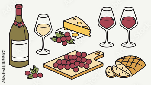 Gourmet Wine and Cheese Pairing Illustration with Grapes and Bread for Celebration Menu Design and Hospitality Marketing